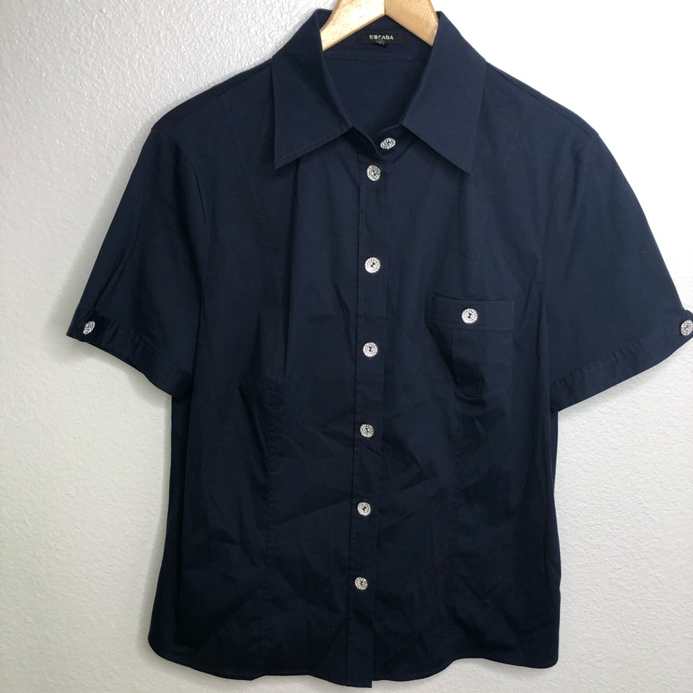 Escada Navy Short Sleeve Button Up Shirt Size 42